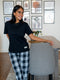 Women summer pajama set Black Tee + Black X White Glen Plaid Pants